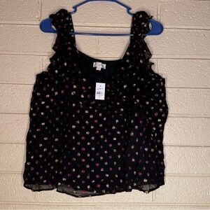 LOFT Black Top with Pink and Gold Floral Accents